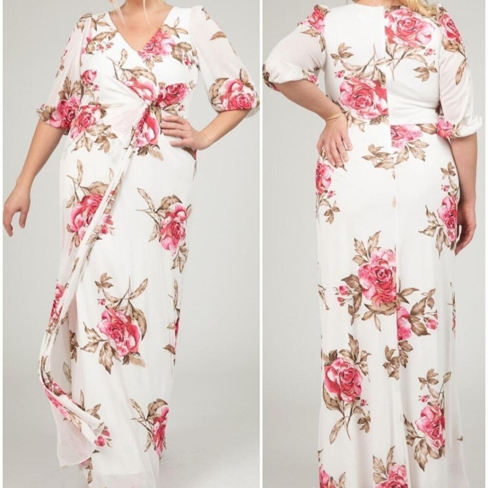 Floral Wrap Maxi Dress in White with Pink Rose Print